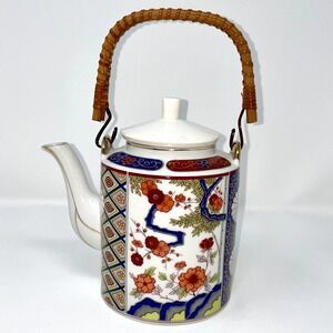 Japanese Wood Handle Floral Tea Pot